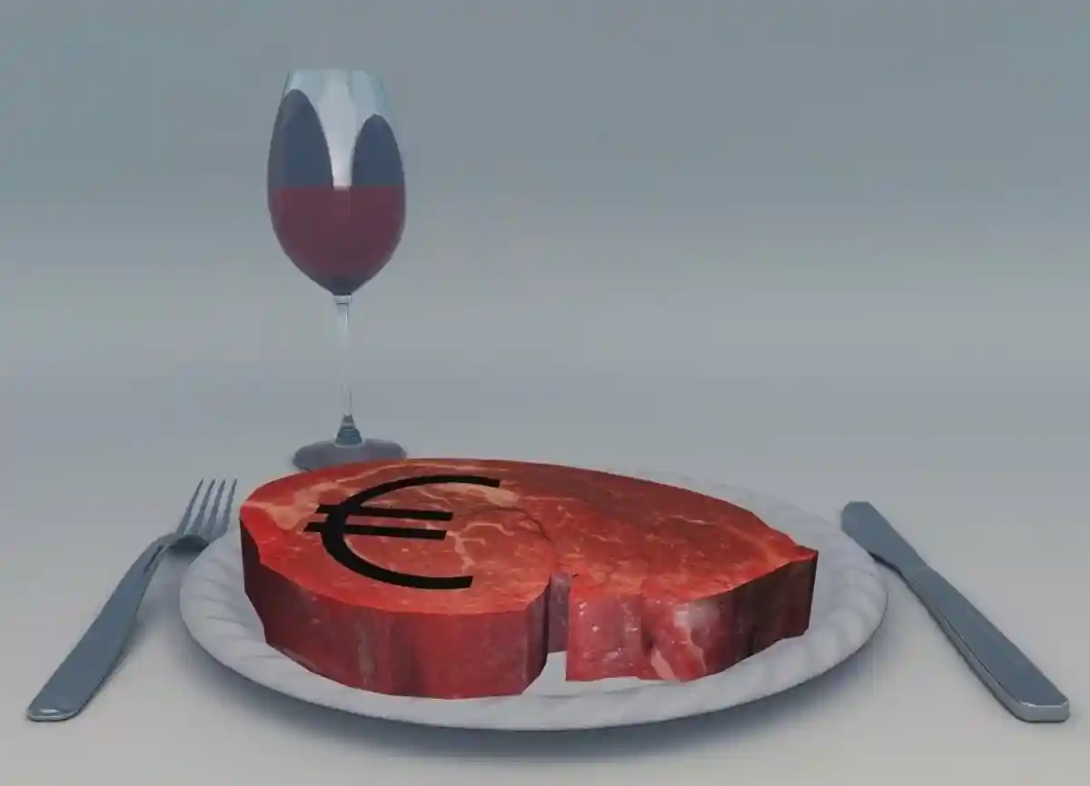 Raw meat with euro sign, glass of wine