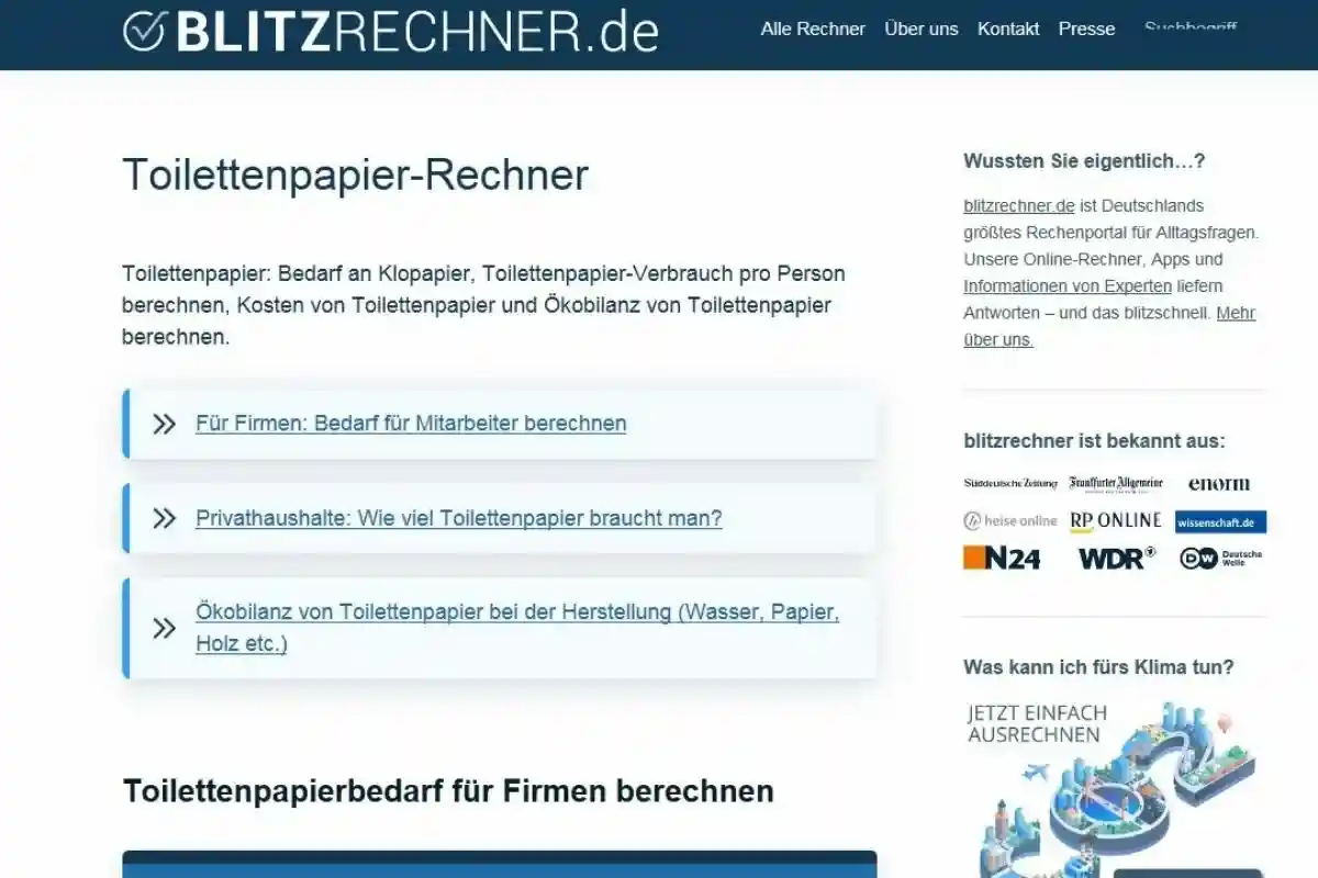 Калькулятор для расчета туалетной бумаги. Фото: скриншот www.blitzrechner.de