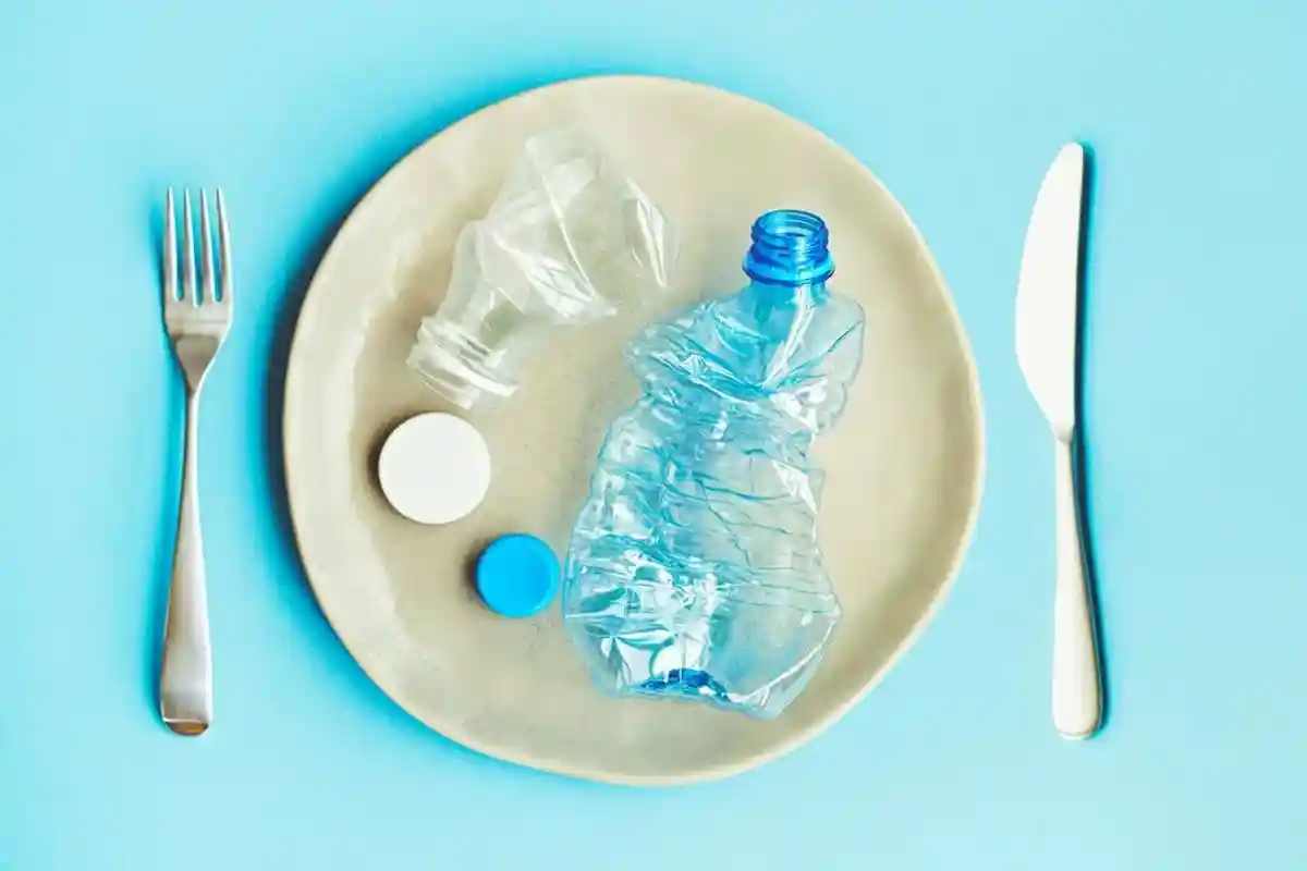 Пластиковые отходы в тарелке фото