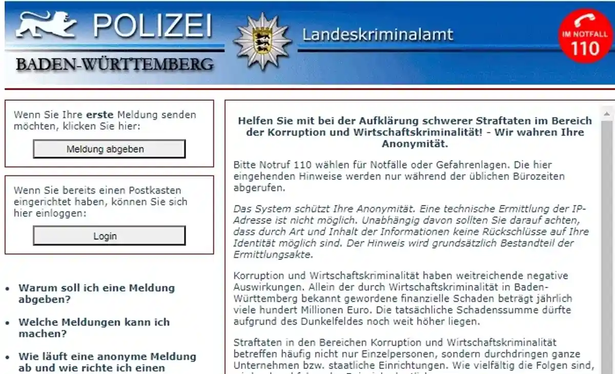 Преступления могут быть раскрыты благодаря такому окну сообщений анонимно. Фото: скриншот с сайта полиции Baden-Württemberg 