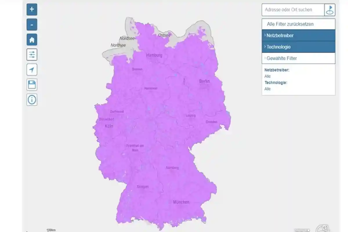 Карта 5G в Германии. Скриншот: breitband-monitor.de