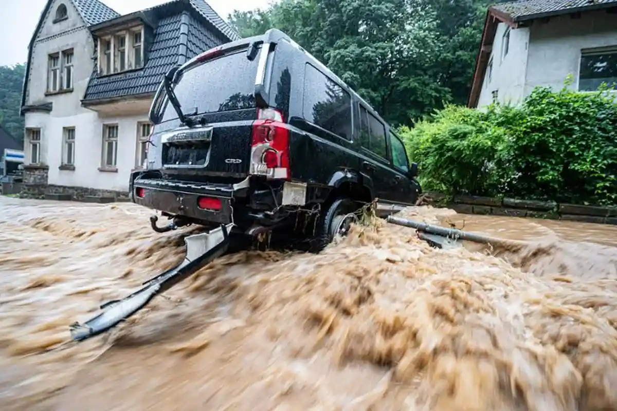 Застрявшая машина во время потопа в Хагене. Фото: Dieter Menne / dpa