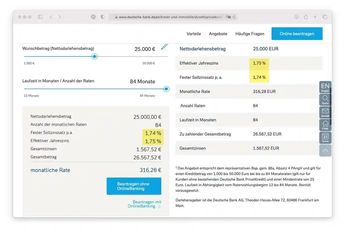 Описание процентной ставки на сайте Deutsche-bank. Скриншот: deutsche-bank.de