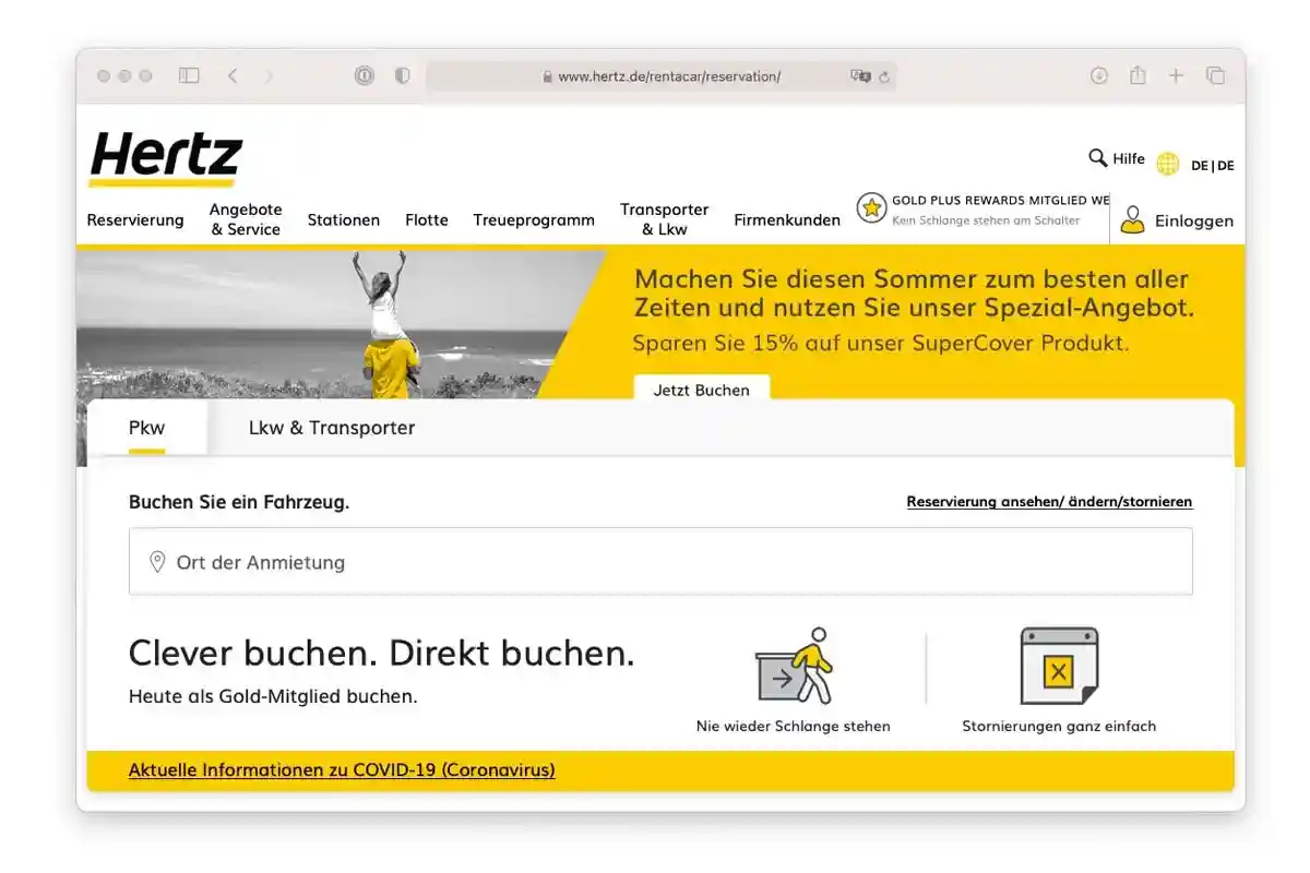 Сервис аренды автомобилей в Германии. Скриншот: hertz.de