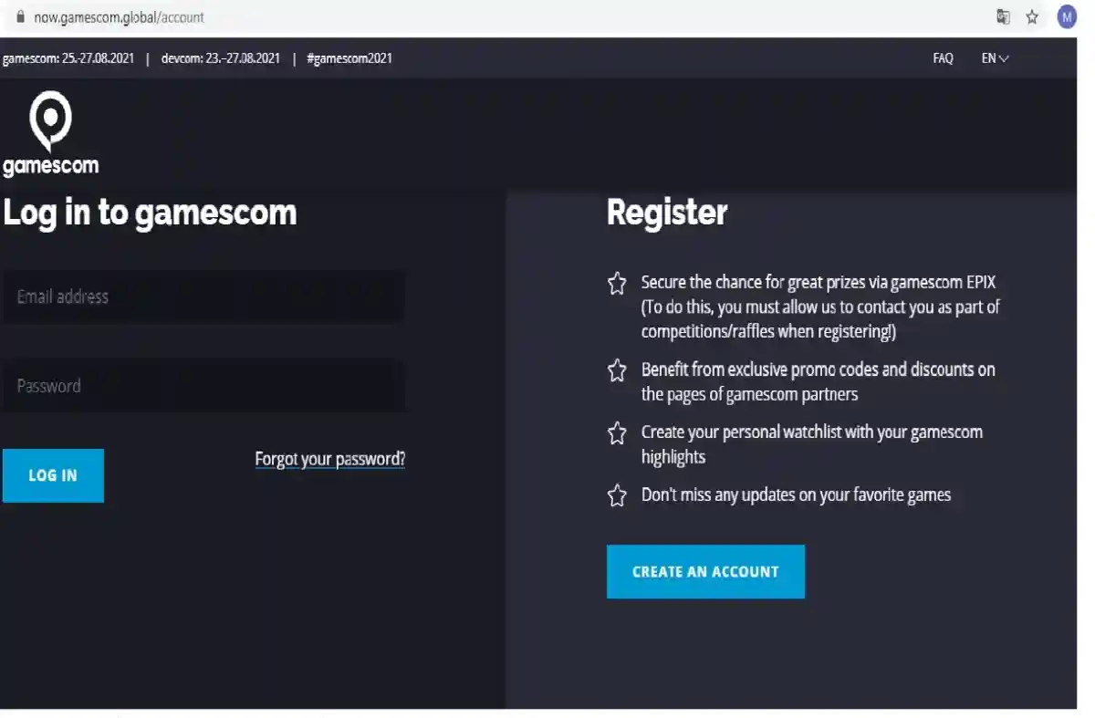 Регистрация на Gamescom. Скриншот Gamescom.global