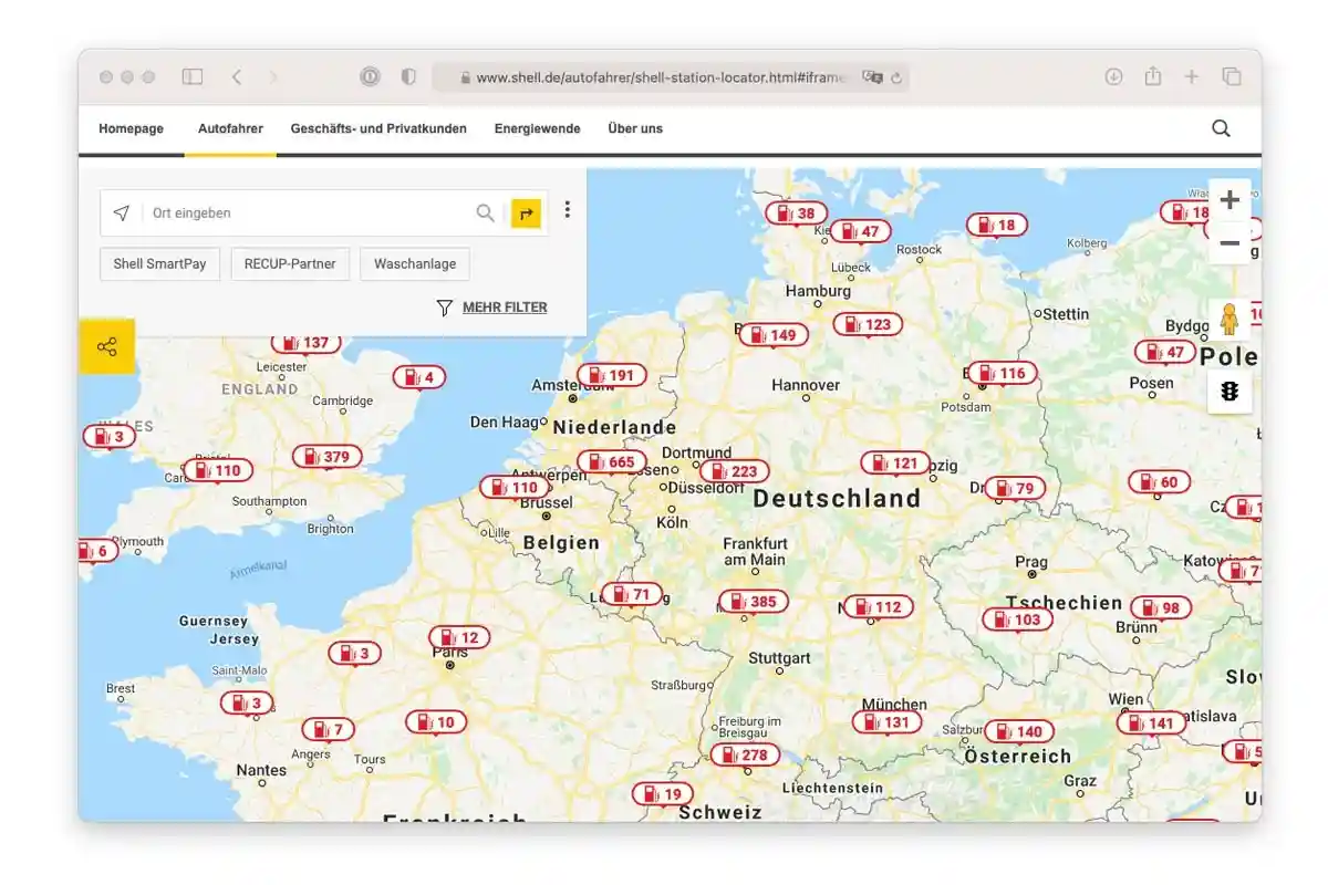 Сеть автозаправочных станций Shell в Германии. Скрин: shell.de