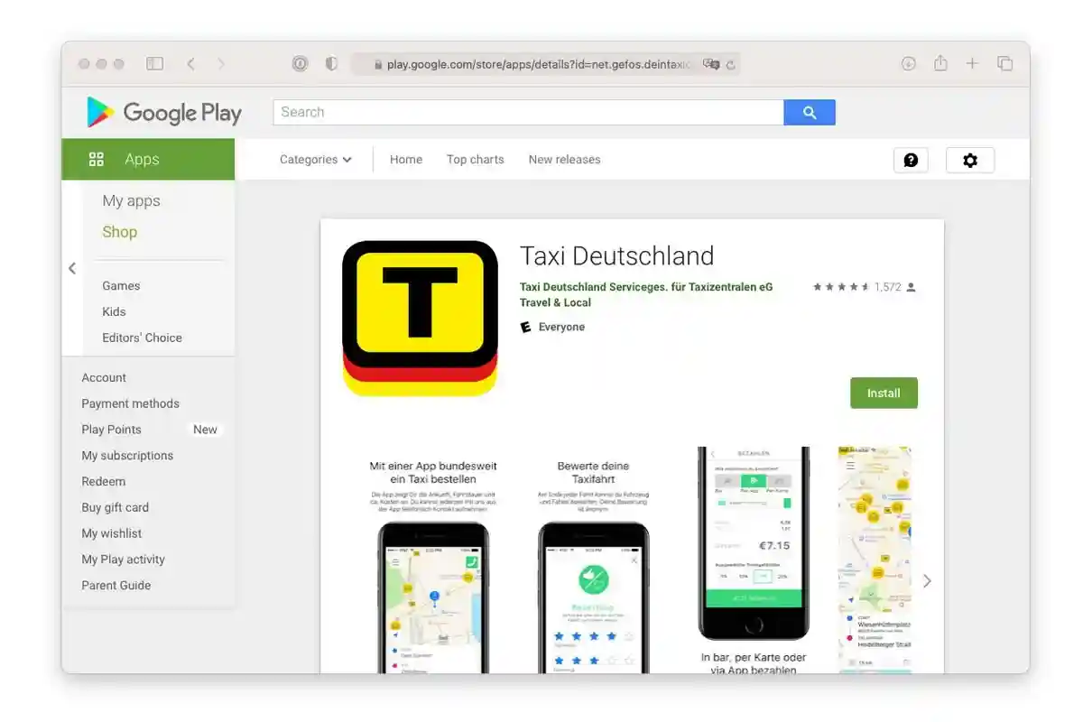 Приложение агрегатор служб такси в Германии. Скриншот: play.google.com/store/apps/details?id=net.gefos.deintaxideutschland