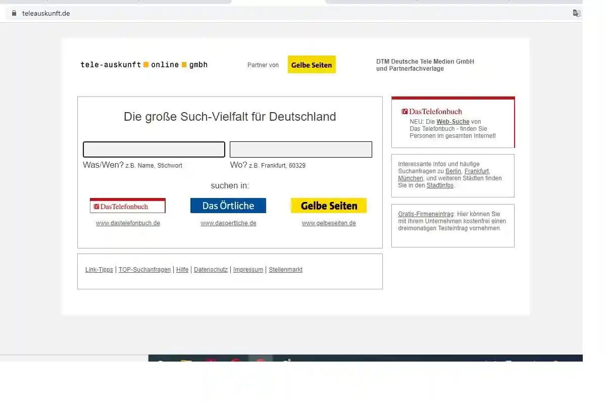 Пример каталога по поиску фирм в Германии. Скриншот: Teleauskunft.de