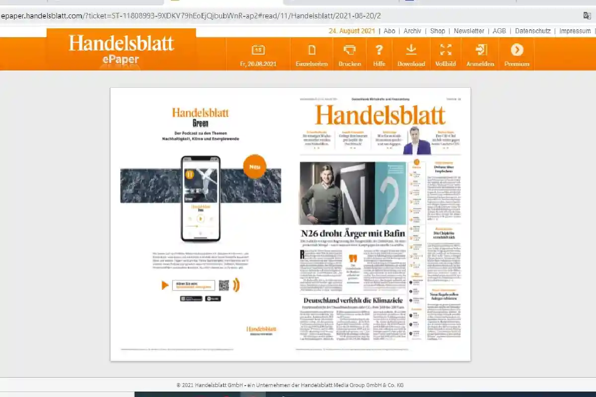 Самая популярная финансовая газета. Скриншот: Handelsblatt.com