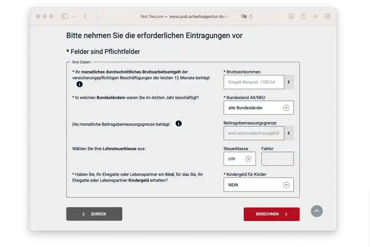 Онлайн-калькулятор для определения суммы пособия по безработице в Германии. Скриншот: pub.arbeitsagentur.de
