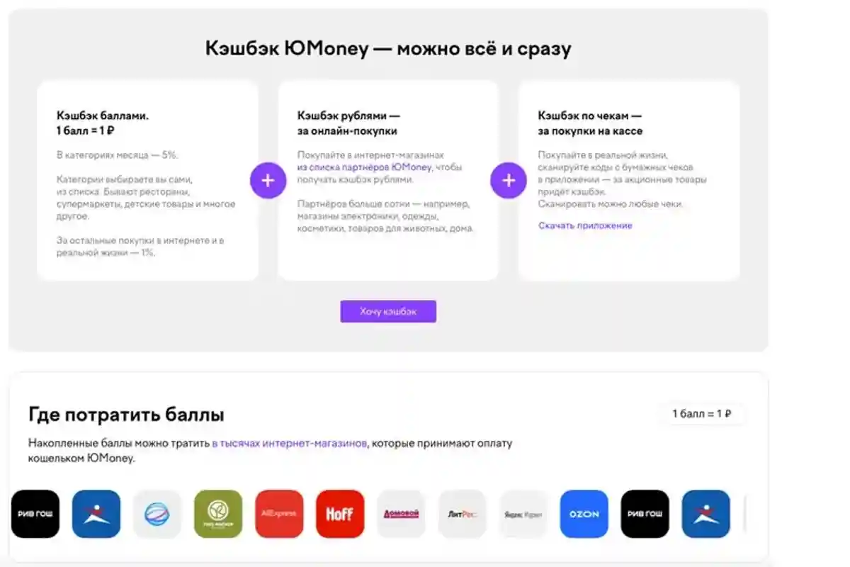 Бонусы на использование электронного кошелька Yoomoney. Скриншот: yoomoney.ru