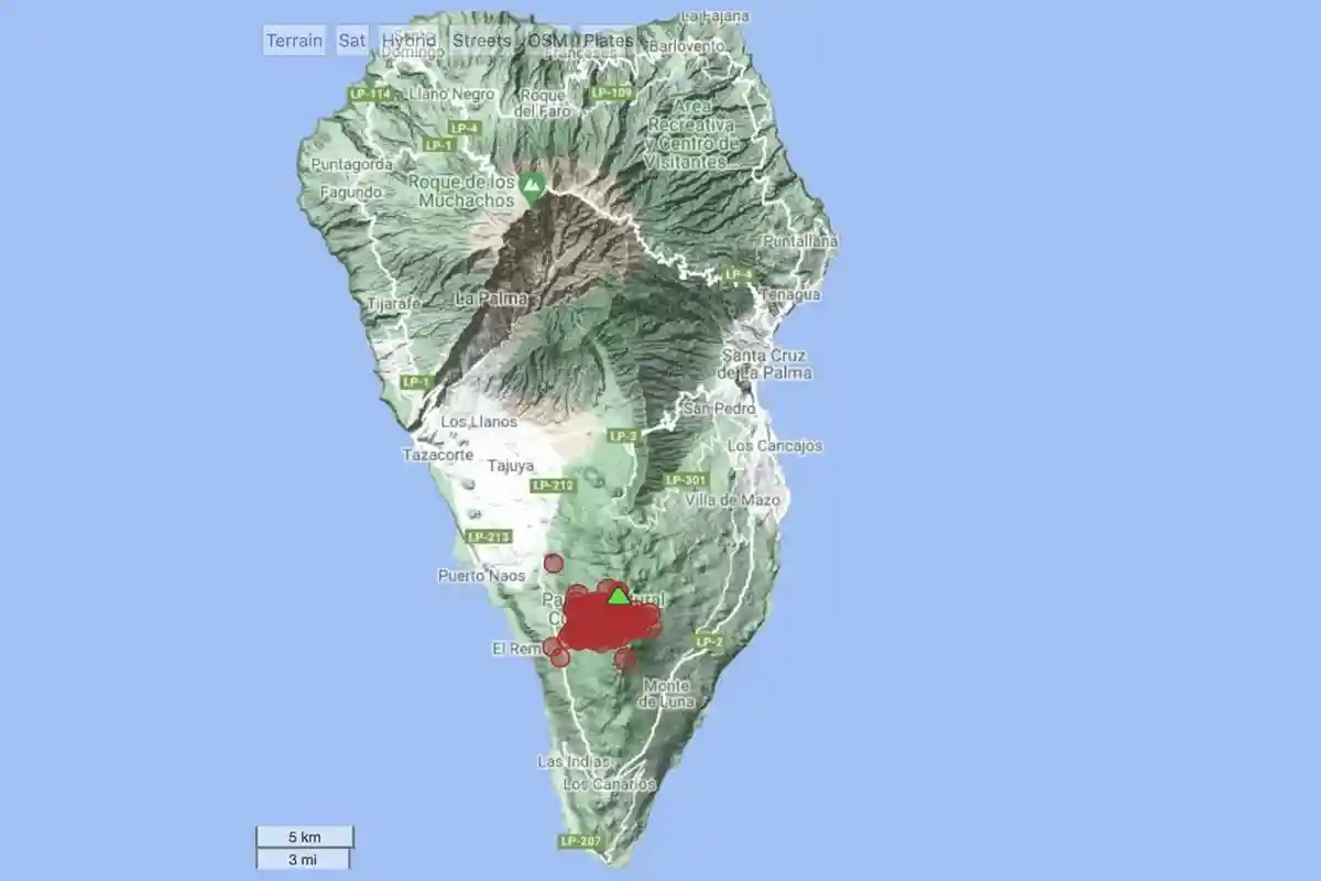 Извержение вулкана Ла-Пальма. Скриншот: Google Maps.