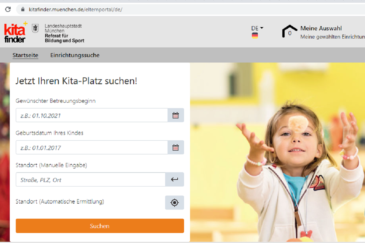 Онлайн- регистрация в детский сад Германии. Скриншот kitafinder.muenchen.de