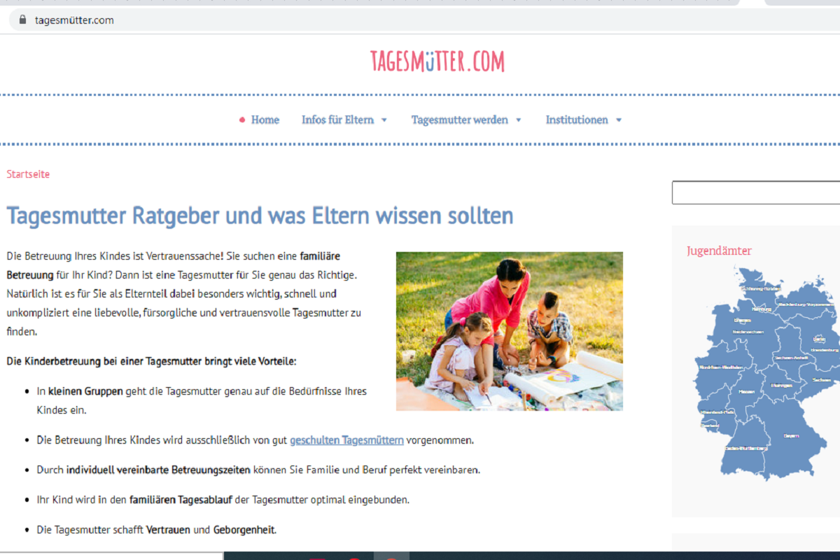 Поиск няни для ребенка в Германии. Скриншот: tagesmutter.com
