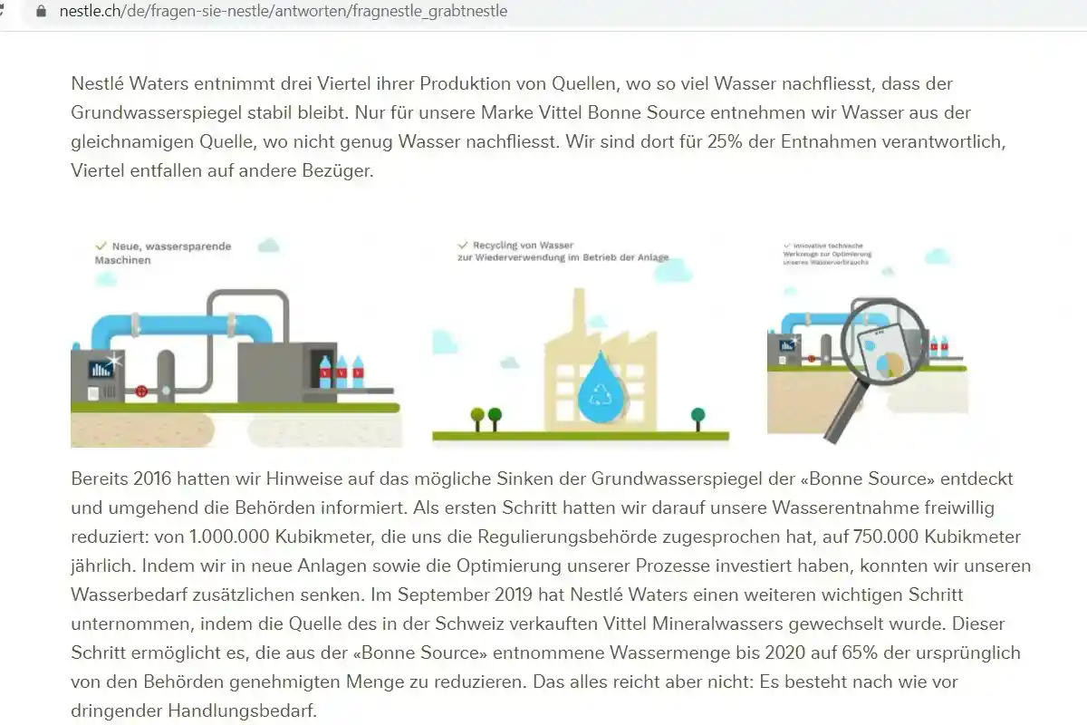 Информация о понижении грунтовых вод. Скриншот: nestle.de