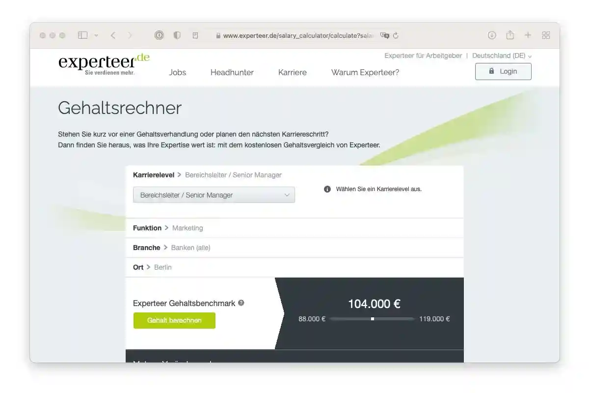 Онлайн-калькулятор зарплаты Experteer. Скриншот: experteer.de/salary_calculator
