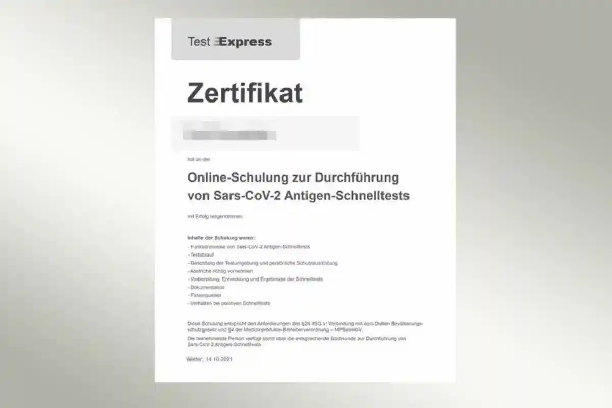Пример сертификата на сайте "Express-Test". Фото: tagesshau.de.