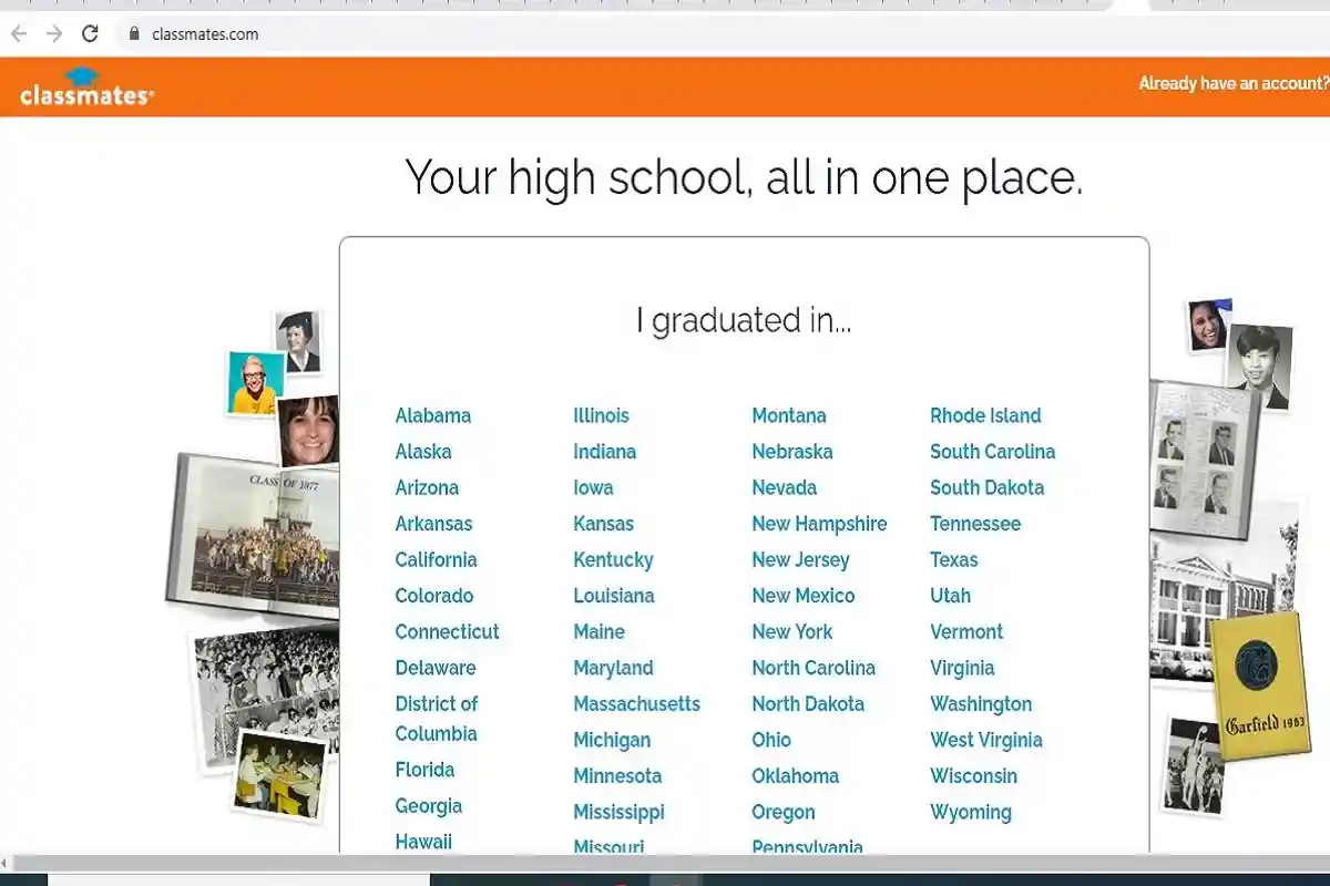 Первая социальная сеть в мире. Скриншот: classmates.com