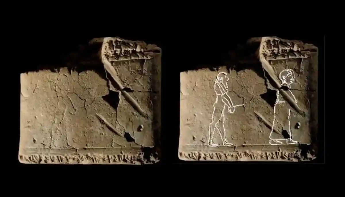 Слева — фотография глиняной таблички из Вавилона, которой около 3500 лет, справа на ней — подчеркнутые силуэты фигур, одна из которых изображает, вероятно, привидение. Фото: скриншот из видео YouTube-канала Archaeology Now 