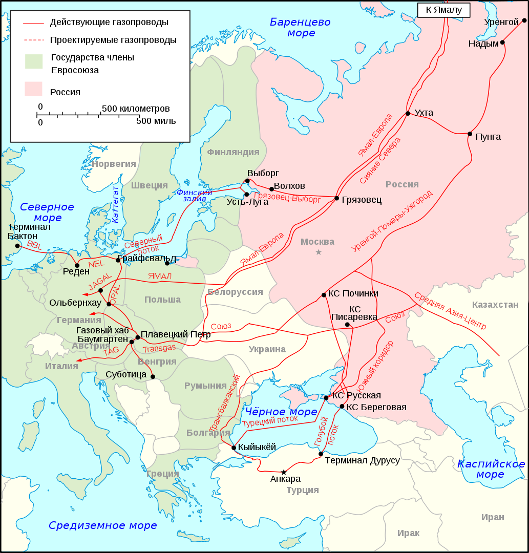 «Газпром» приостановил транзит газа в Германию. Карта транзитных газопроводов. Фото: wikipedia.org