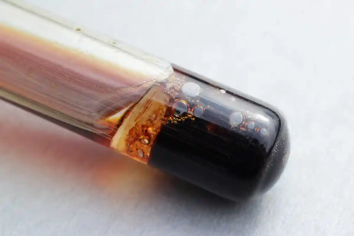 Процесс растворения железа в азотной кислоте в пробирке с выделением коричневого газа диоксида азота Фото: Ihor Matsiievskyi / Shutterstock.com