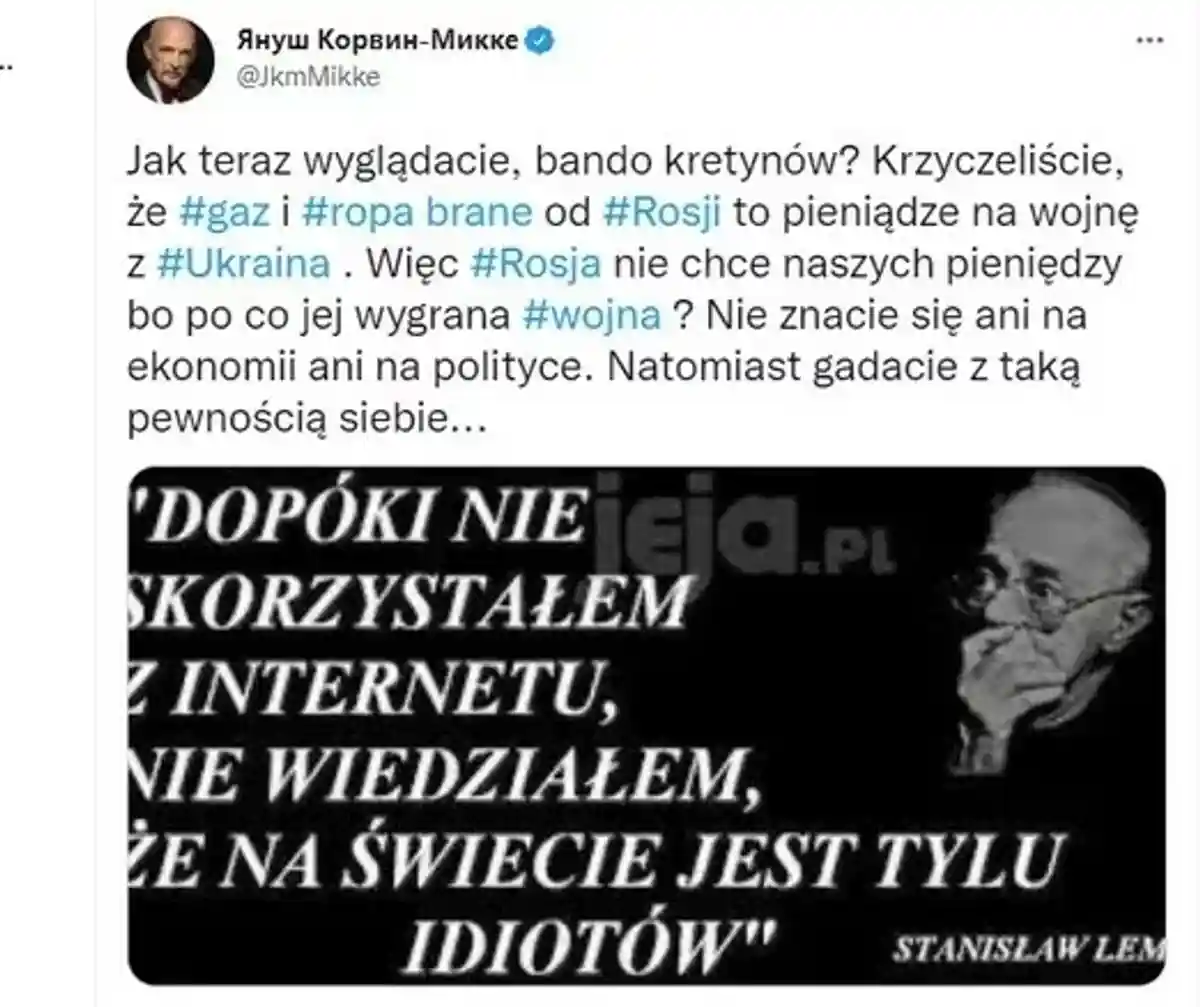 Пост Януша Корвина-Микке в "Твитере". Фото: Twitter
