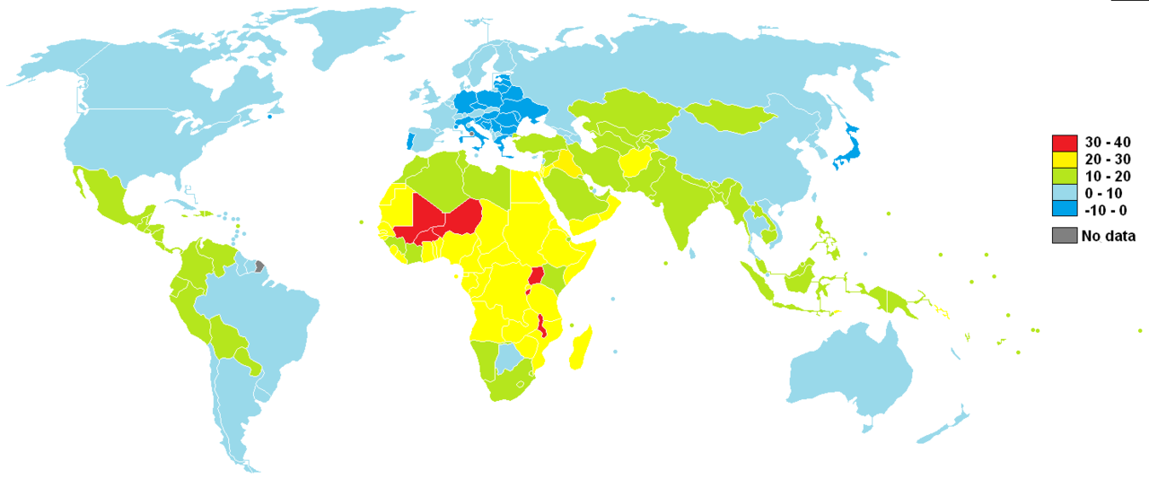 8 миллиардов человек: ООН заявляет о снижении темпов увеличения рождаемости. Карта прироста населения по данным 2017 года. Фото: Braginjohn / wikimedia.org
