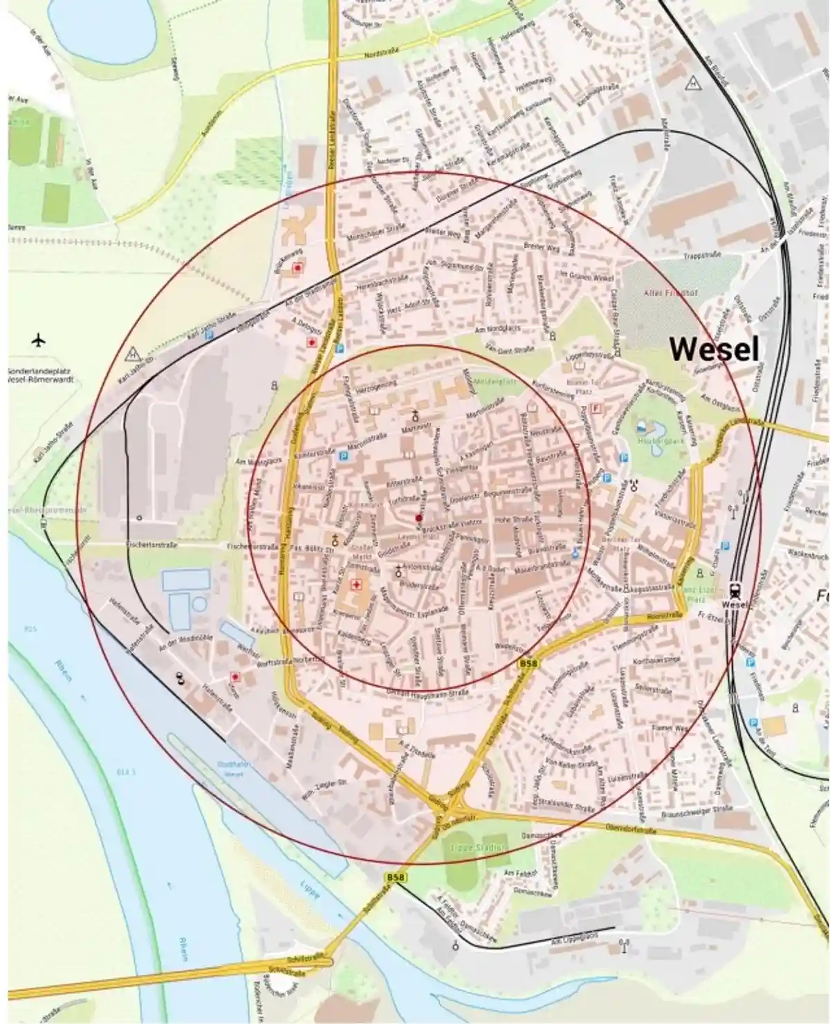 В городе Везель эвакуируют 8000 человек из-за американской бомбы времен Второй мировой. Радиус расширенной зоны безопасности составляет 1000 метров. Фото: wesel.de