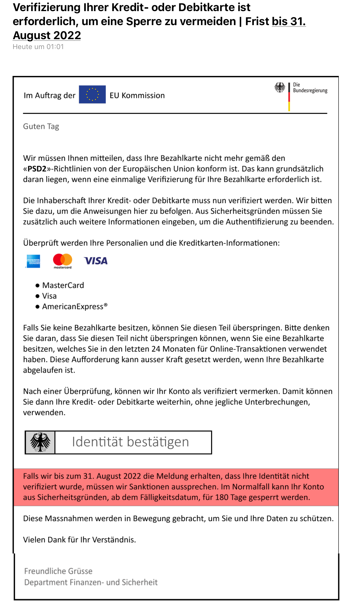 Скриншот: поддельное письмо с логотипом федерального правительства Фото: polizei-praevention.de