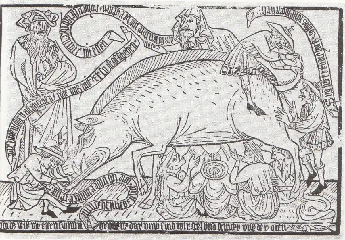 Гравюра из Государственной коллекции графики в Пинакотеке современности, Мюнхен, ок. 1470 года, изображающая Юдензау Фото: Eduard Fuchs / wikipedia.org
