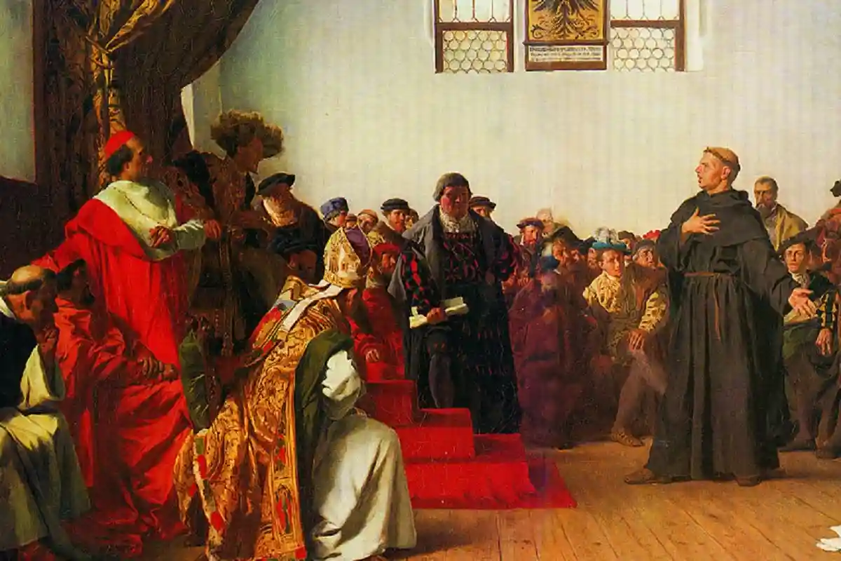 Фрагмент картины Антона фон Вернера "На сем я стою...". Она описывает спор Мартина Лютера и императора Карла V. Общественное достояние. 