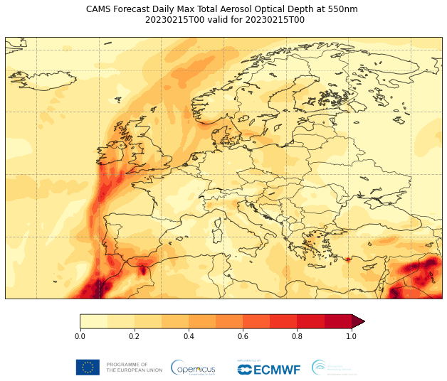 Первая в этом году пыль Сахары пронеслась над Европой. Источник: Copernicus Atmosphere Monitoring Service