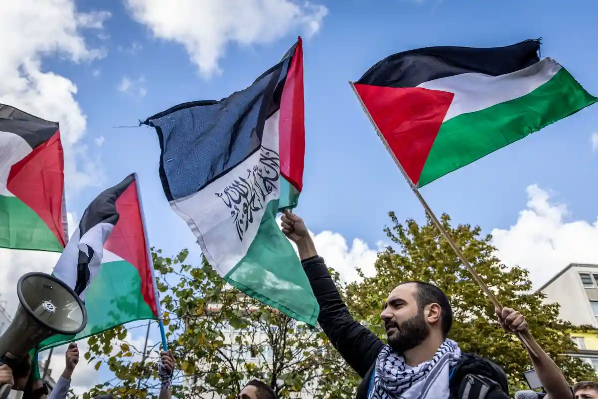 Демонстрация в поддержку Палестины:Участники демонстрации в поддержку Палестины размахивают палестинскими флагами.