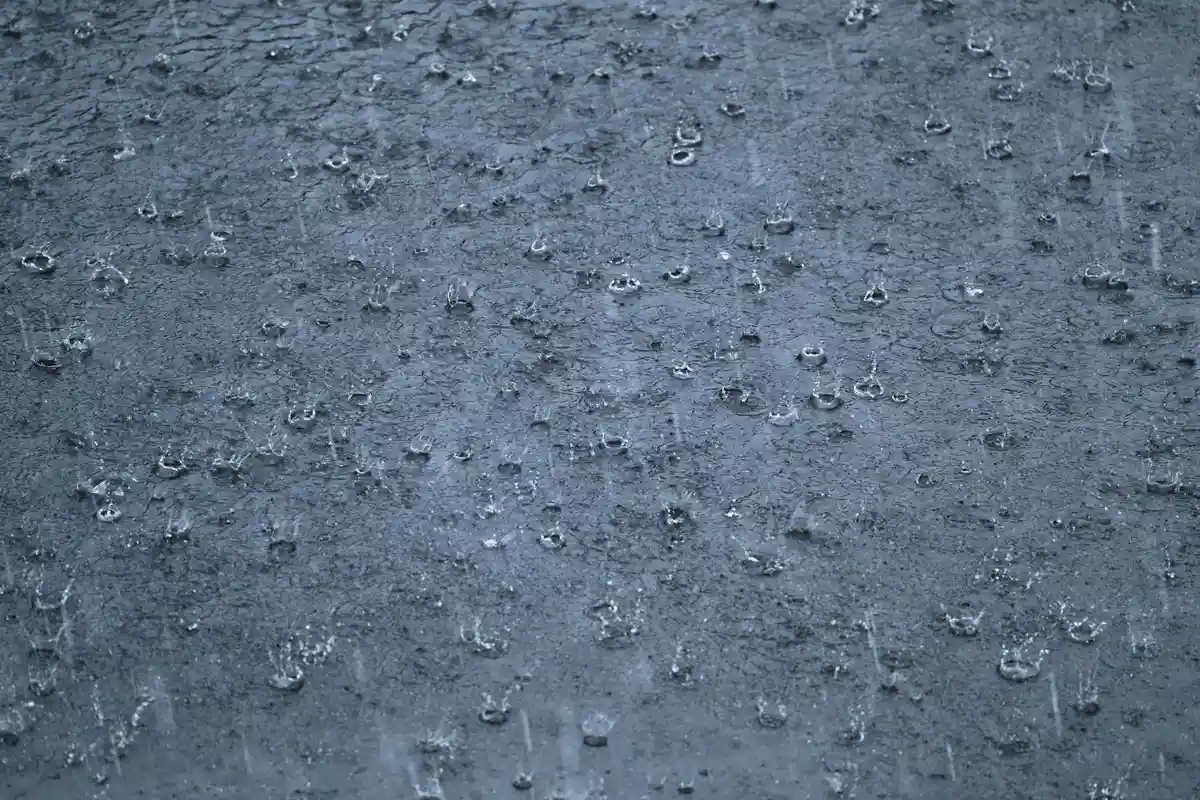 Дождь:Сильный дождь заливает дорогу во время грозы.