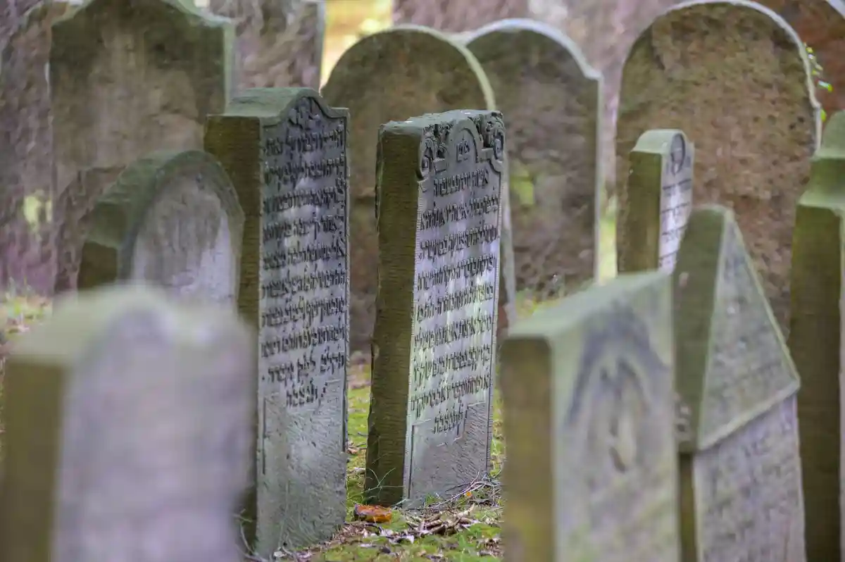Еврейское кладбище:Вид на надгробия с надписями на иврите на еврейском кладбище.