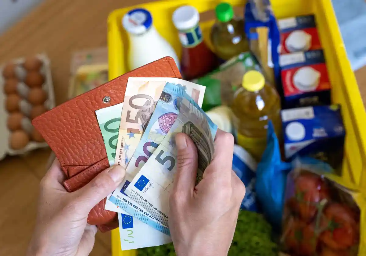Инфляция:На кухонном столе стоит коробка с продуктами, а женщина держит в руках банкноты евро.