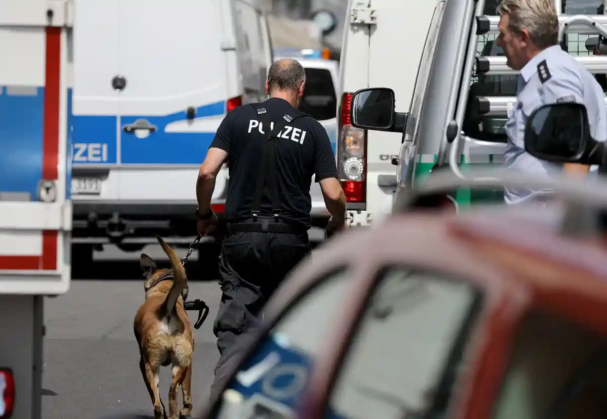 Рейд против исламистских угроз:Сотрудник милиции отправляется в жилой дом с собакой, обнаруживающей взрывчатку.