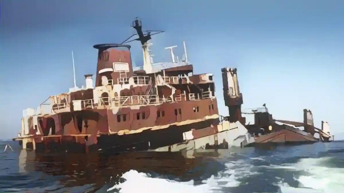 Затонувшее грузовое судно "Паллас" и по сей день лежит у острова Амрум.:Затонувшее грузовое судно "Паллас" и по сей день лежит у острова Амрум.