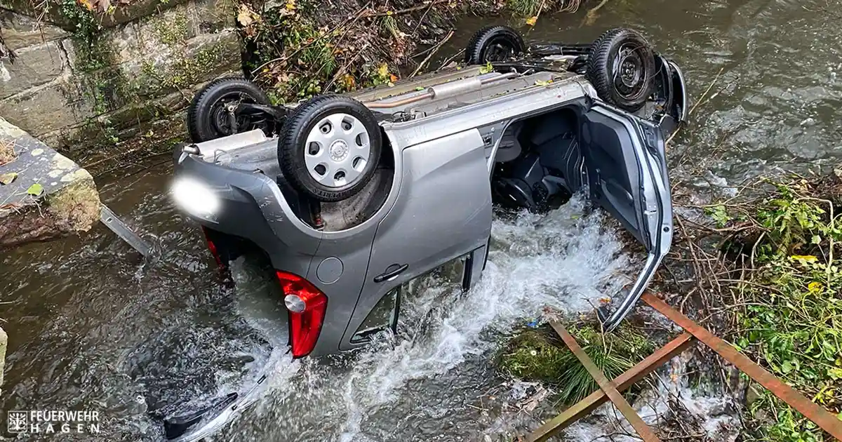 Автомобиль упал в реку: пожарные освободили водителя:Автомобиль лежит в реке Волме. Автомобиль съехал с дороги и пробил перила.