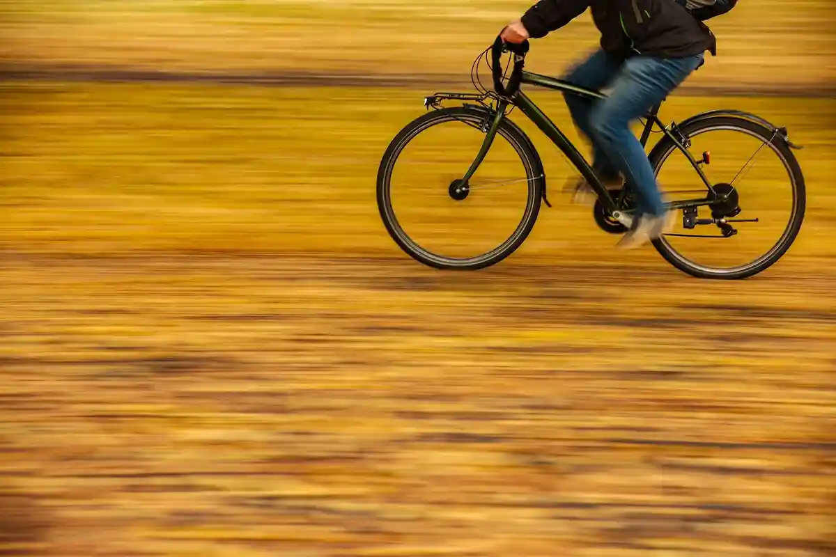 Лейпциг:Мужчина едет на велосипеде по дороге, усыпанной разноцветными осенними листьями.