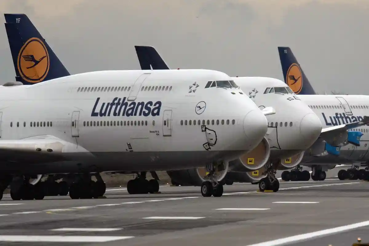 Lufthansa:Самолеты авиакомпании Lufthansa типа Boeing 747 стоят на северо-западной взлетно-посадочной полосе аэропорта Франкфурта.