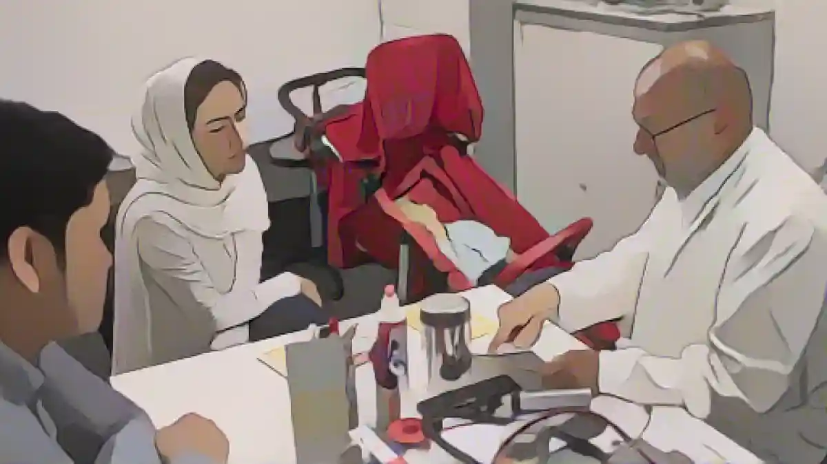 На рисунке изображена семья с ребенком на приеме у врача. Ребенок находится в коляске. Родители разговаривают с врачом.:Какие медицинские процедуры вы имеете право получать, зависит от вашего статуса пребывания в стране.