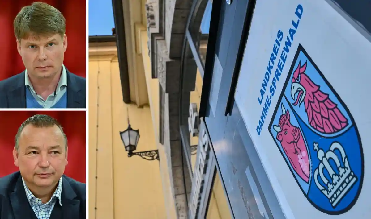 Выборы в районный совет Дамме-Шпреевальд:На фотографии, состоящей из трех частей, изображены два кандидата Штеффен Котре (вверху) и Свен Херцбергер, а также здание районной администрации.
