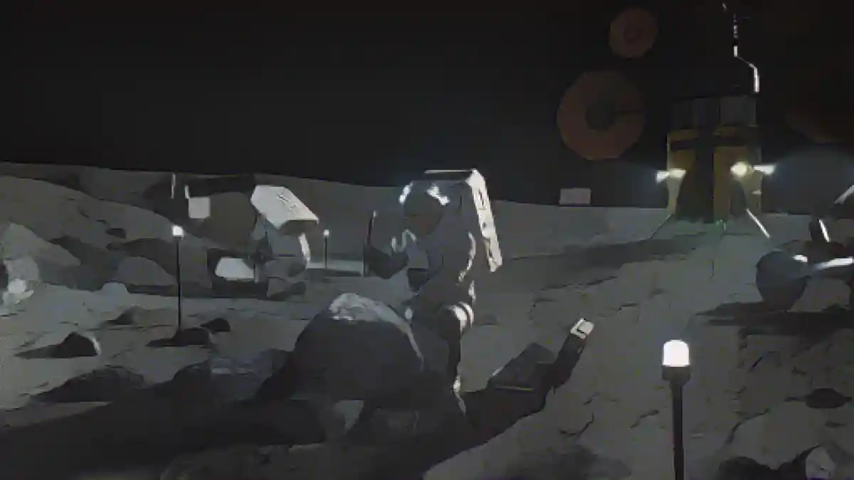 Артемида - Астронавты на Луне:На иллюстрации изображены астронавты миссии Artemis, работающие на лунной поверхности.