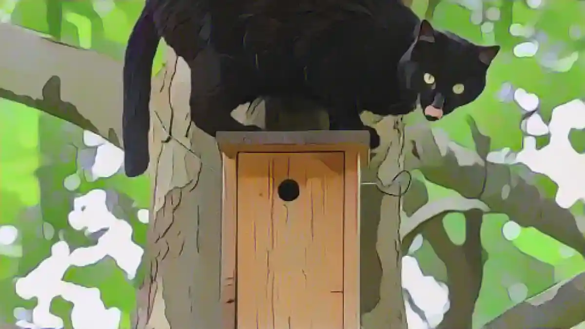 Черный кот сидит в гнезде на дереве и охотится на птиц.:Черный кот сидит на гнездовом ящике на дереве, охотясь на птиц. Фото