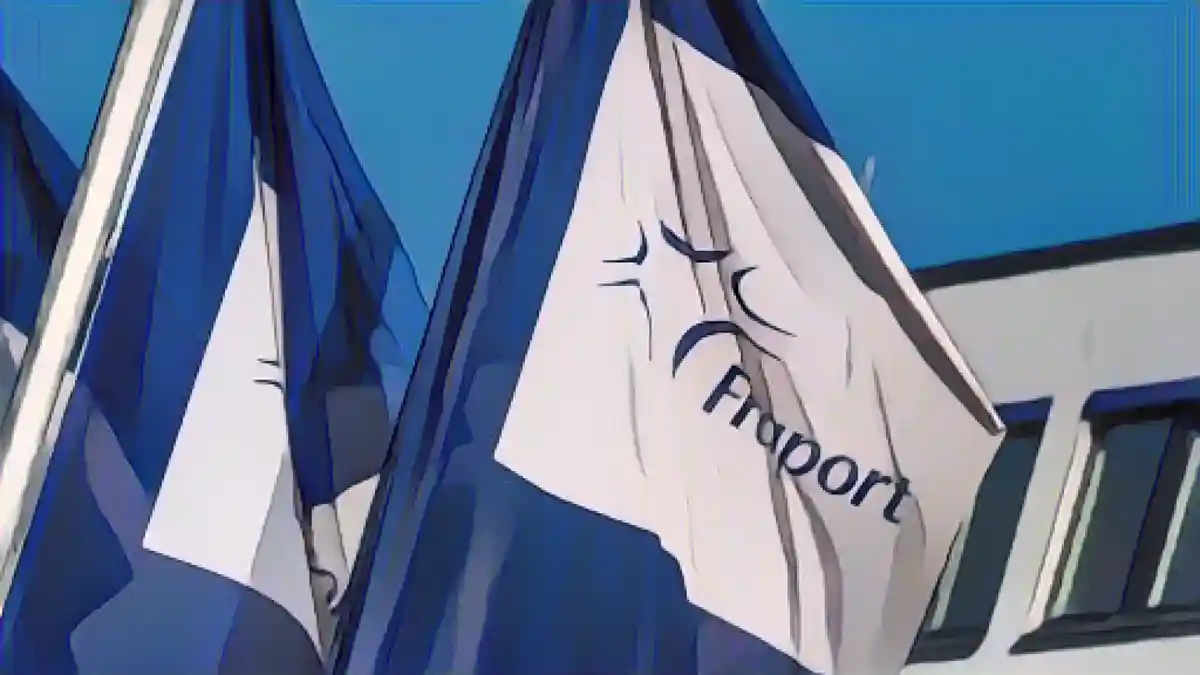 Флаги с логотипом Fraport AG развеваются на ветру перед штаб-квартирой компании.:Флаги с логотипом Fraport AG развеваются на ветру перед штаб-квартирой компании. Фото