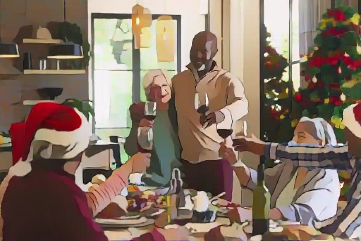 Гости на рождественском ужине поднимают тосты красным вином:Это не всегда должно происходить в кругу семьи. Благодаря таким инициативам, как #keinerbleibtallein или nebenan.de, любители экспериментов могут встретить Рождество с незнакомцами или соседями - и, возможно, даже завести новых друзей.