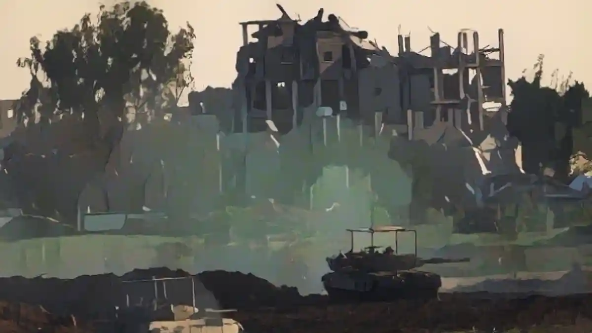 Израильские танки стоят перед разрушенным зданием во время наземной операции на севере сектора Газа. Война длится более двух месяцев:Израильские танки стоят перед разрушенным зданием во время наземной операции на севере сектора Газа. Война длится более двух месяцев.