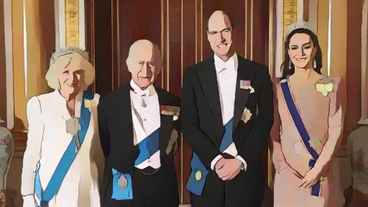 Король Чарльз и королева Камилла позируют с принцем и принцессой Уэльскими перед дипломатическим приемом в Зале 1844 в Букингемском дворце 5 декабря:Король Чарльз и королева Камилла позируют с принцем и принцессой Уэльскими перед дипломатическим приемом в зале 1844 в Букингемском дворце 5 декабря.