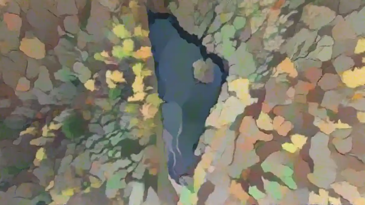 Лес вокруг небольшого пруда на реке Таунус окрашивается в осенние цвета (вид с воздуха с помощью дрона).:Лес вокруг небольшого пруда на реке Таунус окрашивается в осенний цвет (вид с воздуха с помощью дрона). Фото
